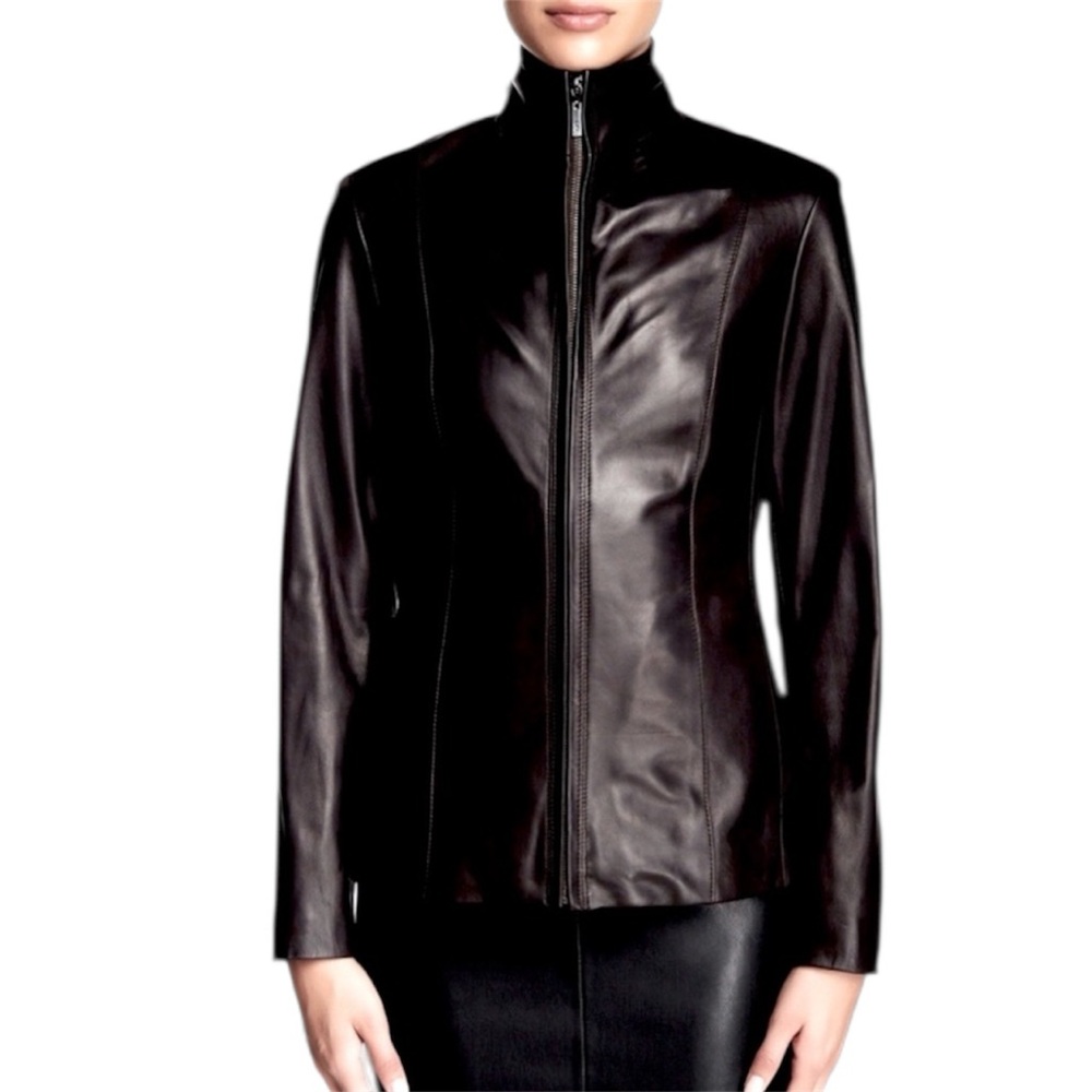 COLE HAAN Leather Shiny Sleek Women’s Jacket Coat Sz S NWOT